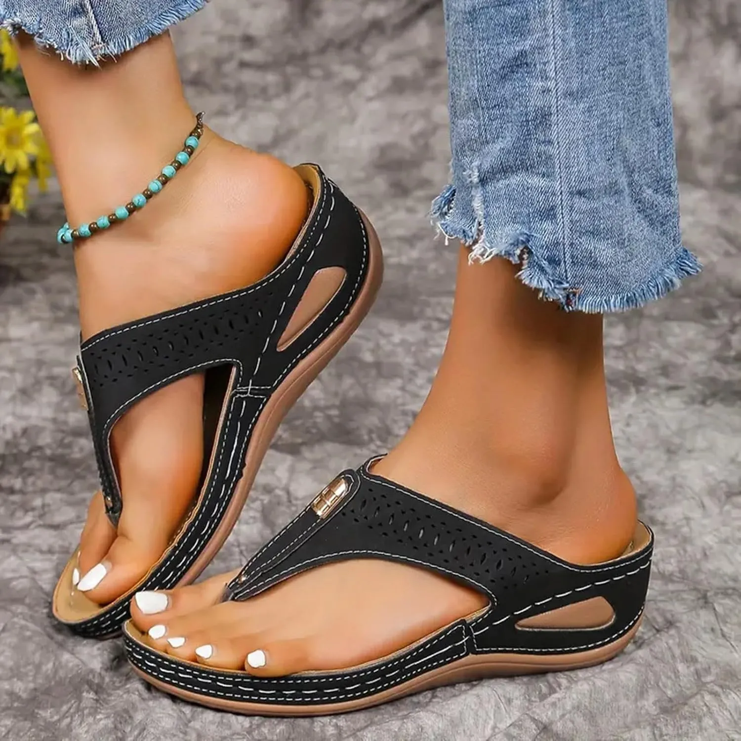 Summer Sandals for Women 2025 Dressy Orthopedic Flip Flops Comfortable Sandal with Arch Support Orthotic Wedge Walking Slippers Anti-Slip Breathable Beach Slides Shoes