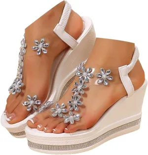 Summer Sandals for Women 2025 Rhinestone Platform Fashionable Butterfly Decor Cute Shoes High Heel Wedge Sandal Thick Soled Open Toe T Strap Thongs Boho Beach Shoes
