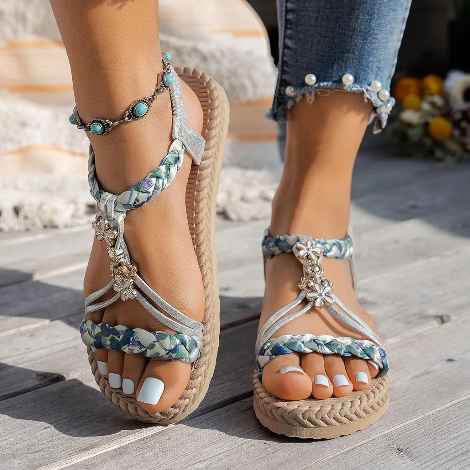 Summer Sandals for Women 2025 Trendy Womens Low Wedge Heels Sandal Platform Dressy Comfort Walking Non Slip Casual Beach Shoes Ankle Elastic Bohemian Woven Shoe