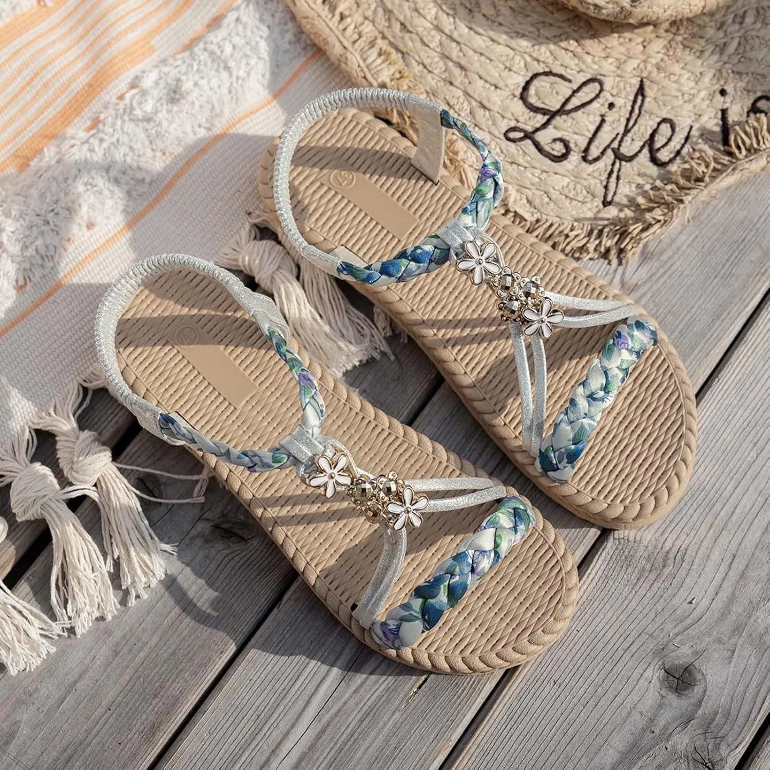 Summer Sandals for Women 2025 Trendy Womens Low Wedge Heels Sandal Platform Dressy Comfort Walking Non Slip Casual Beach Shoes Ankle Elastic Bohemian Woven Shoe