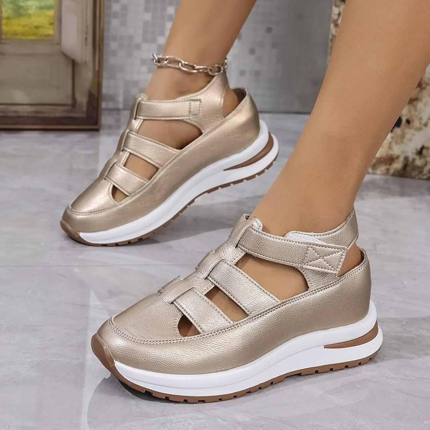 Summer Sandals for Women 2025 Women's Hollow Out Casual Sandal Comfortable Breathable Closed Toe Platform Shoe Height-Boosting Thick Sole Hiking Wear Shoes for All Day Wear
