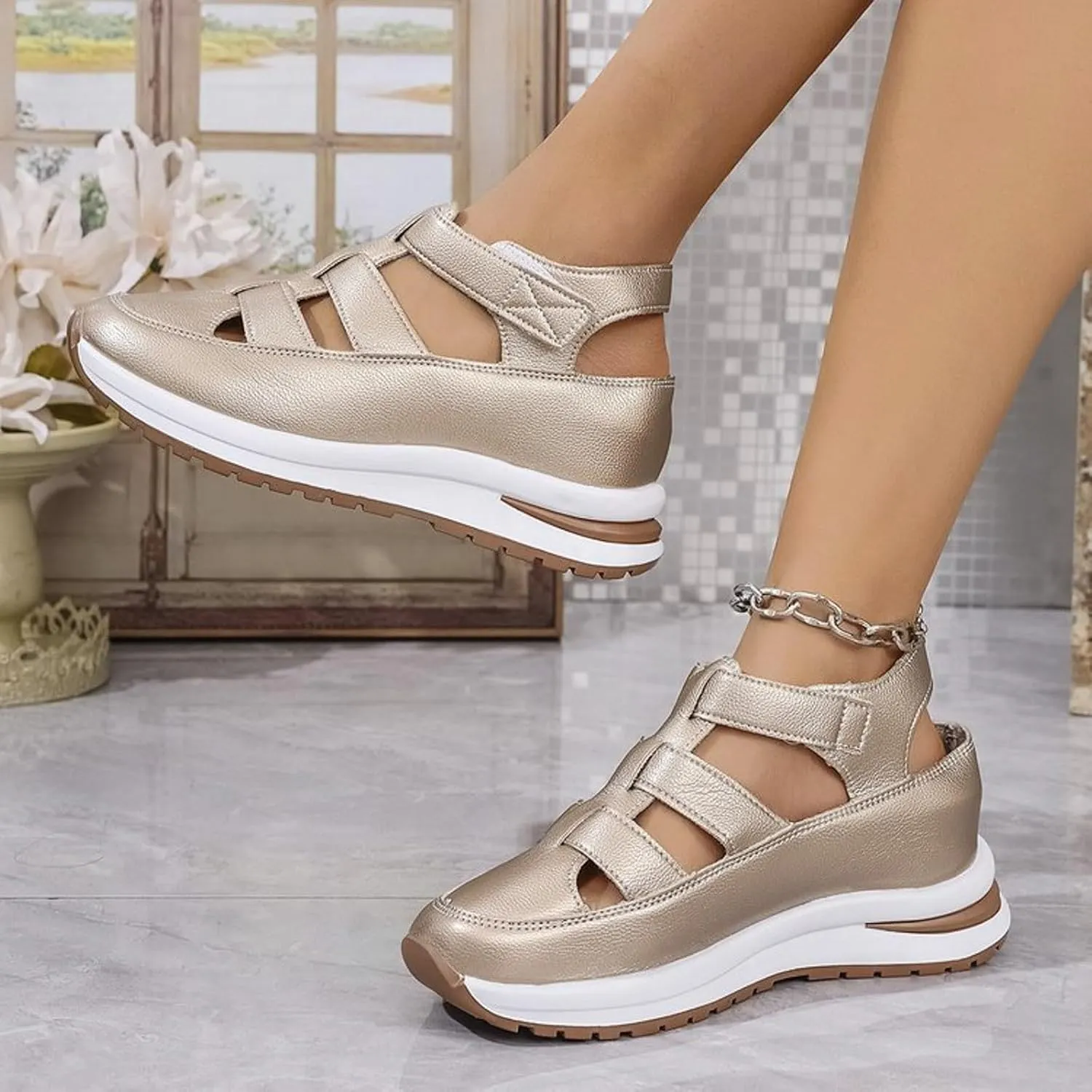 Summer Sandals for Women 2025 Women's Hollow Out Casual Sandal Comfortable Breathable Closed Toe Platform Shoe Height-Boosting Thick Sole Hiking Wear Shoes for All Day Wear