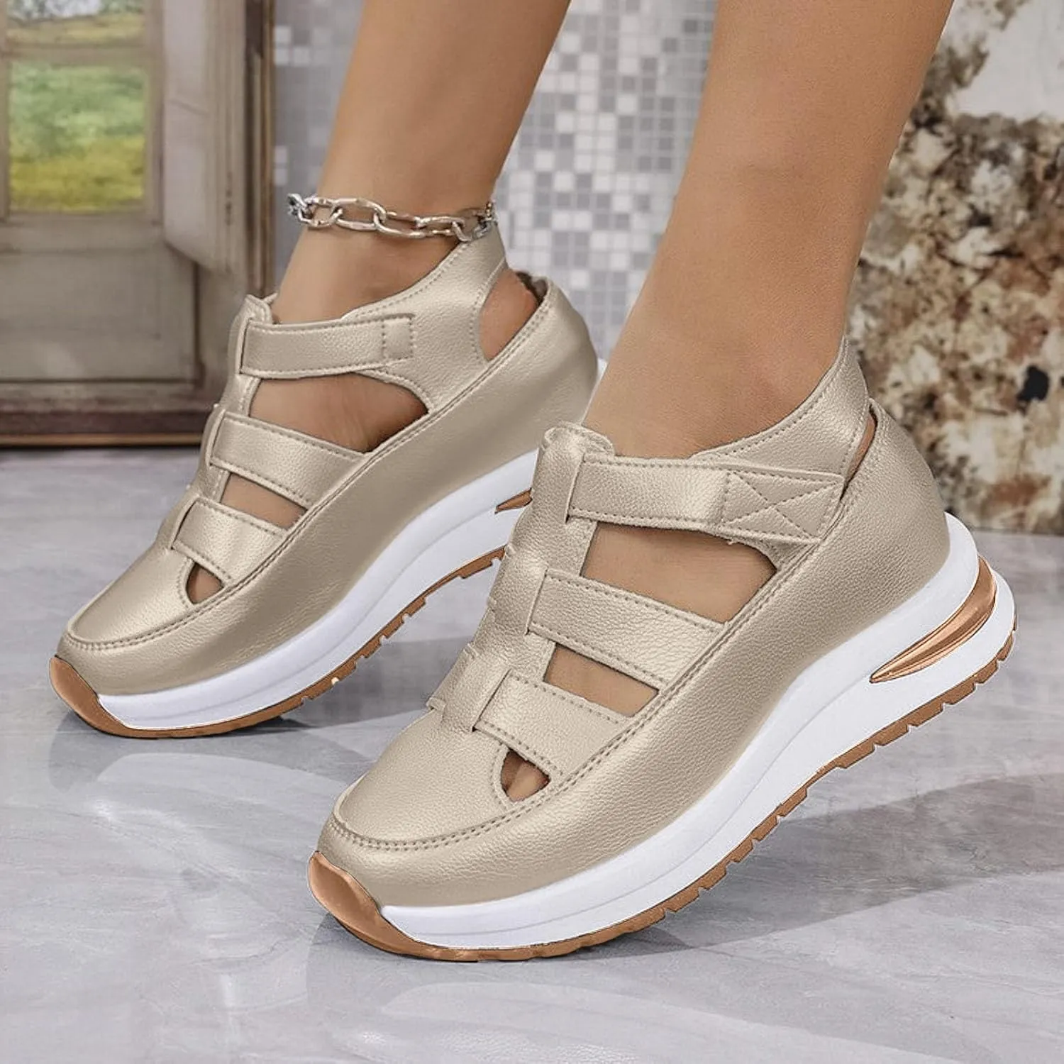 Summer Sandals for Women 2025 Women's Hollow Out Casual Sandal Comfortable Breathable Closed Toe Platform Shoe Height-Boosting Thick Sole Hiking Wear Shoes for All Day Wear