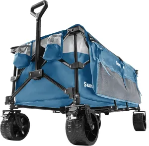 SunnyFeel 49''L 550lbs Heavy Duty Wagon Cart Foldable with Wheels,Extra Long Fold Up Wagons Carts with Side Pocket and Brakes for Camping Sports Garden Shopping (Blue)