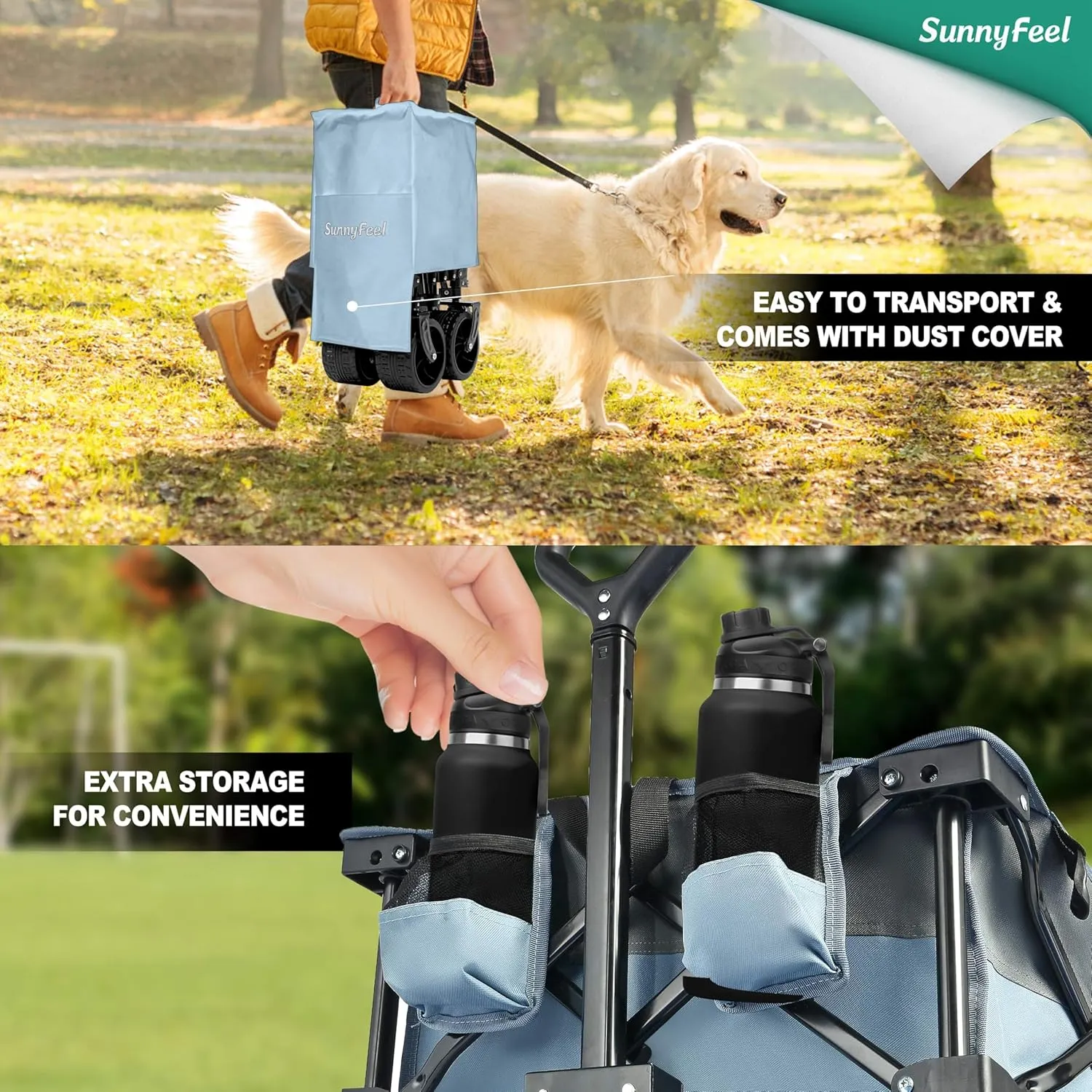 SunnyFeel 49''L 550lbs Heavy Duty Wagon Cart Foldable with Wheels,Extra Long Fold Up Wagons Carts with Side Pocket and Brakes for Camping Sports Garden Shopping (Blue)