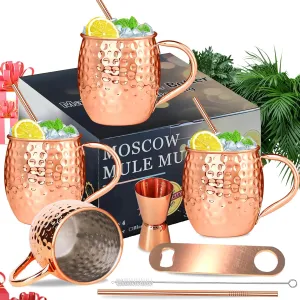 SuproBarware Moscow Mule Copper Mugs Moscow Mule Cups Kit 19oz Set of 4 with Handle Large Copper Hammered Plating Cups with 0.5oz Double Jigger, Stainless Steel Straws for Cold Drinks Cocktails Wine