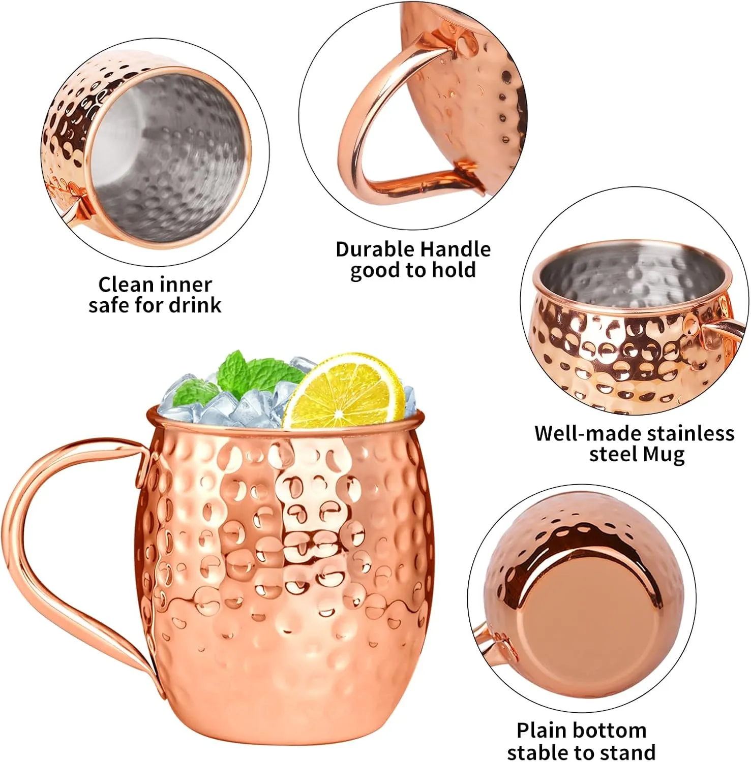 SuproBarware Moscow Mule Copper Mugs Moscow Mule Cups Kit 19oz Set of 4 with Handle Large Copper Hammered Plating Cups with 0.5oz Double Jigger, Stainless Steel Straws for Cold Drinks Cocktails Wine