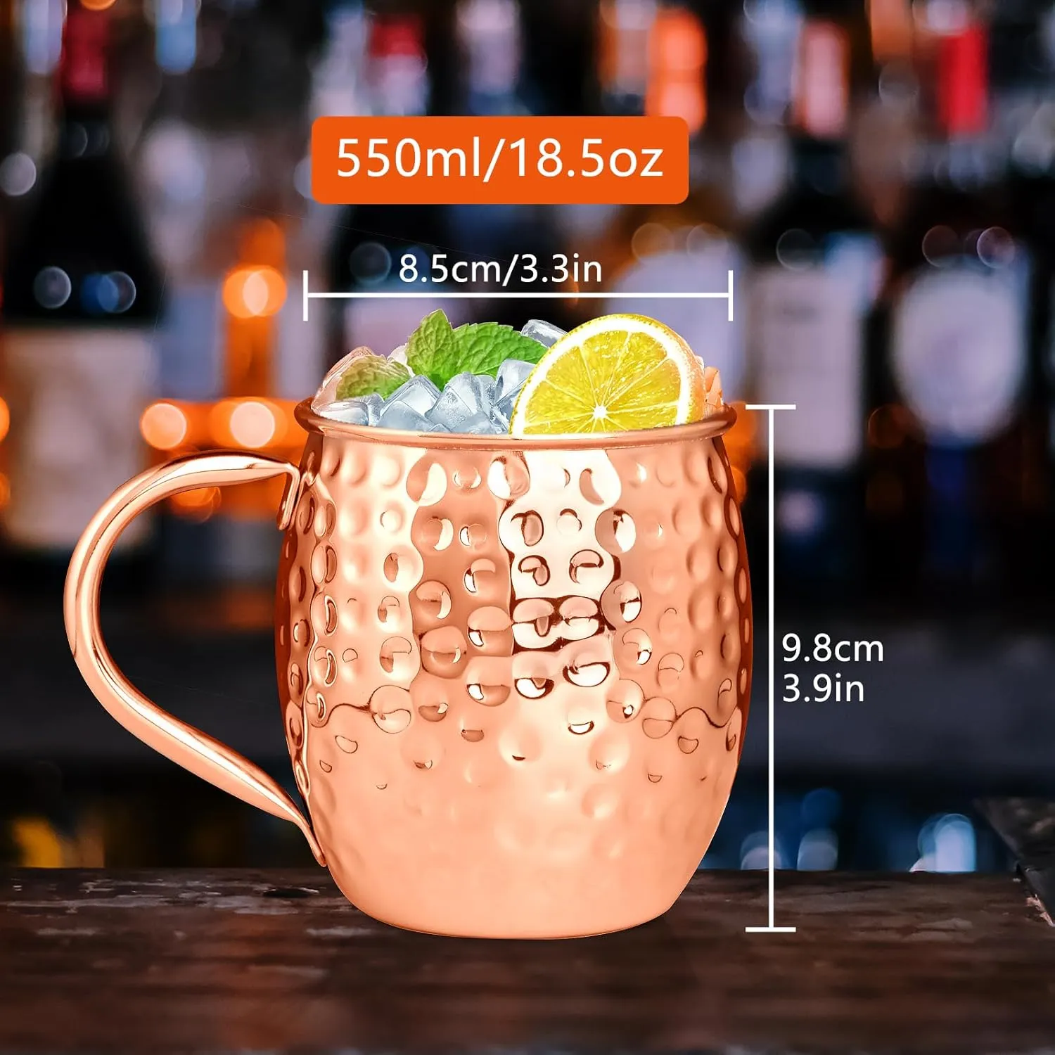 SuproBarware Moscow Mule Copper Mugs Moscow Mule Cups Kit 19oz Set of 4 with Handle Large Copper Hammered Plating Cups with 0.5oz Double Jigger, Stainless Steel Straws for Cold Drinks Cocktails Wine