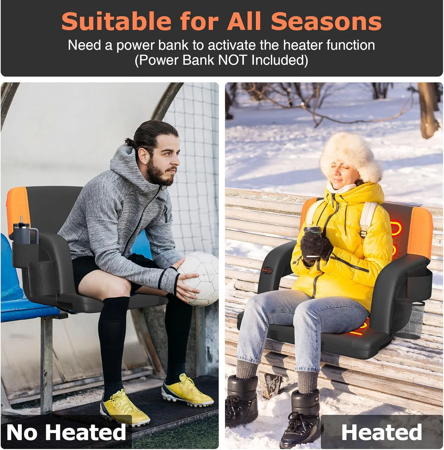 Suteck Dual-Sided Heated Stadium Seats for Bleachers with Back Support, Portable Heated Bleacher Seat with Backrest, 3 Heat Levels, 5 Pockets – Ideal for Outdoor Stadiums and Events
