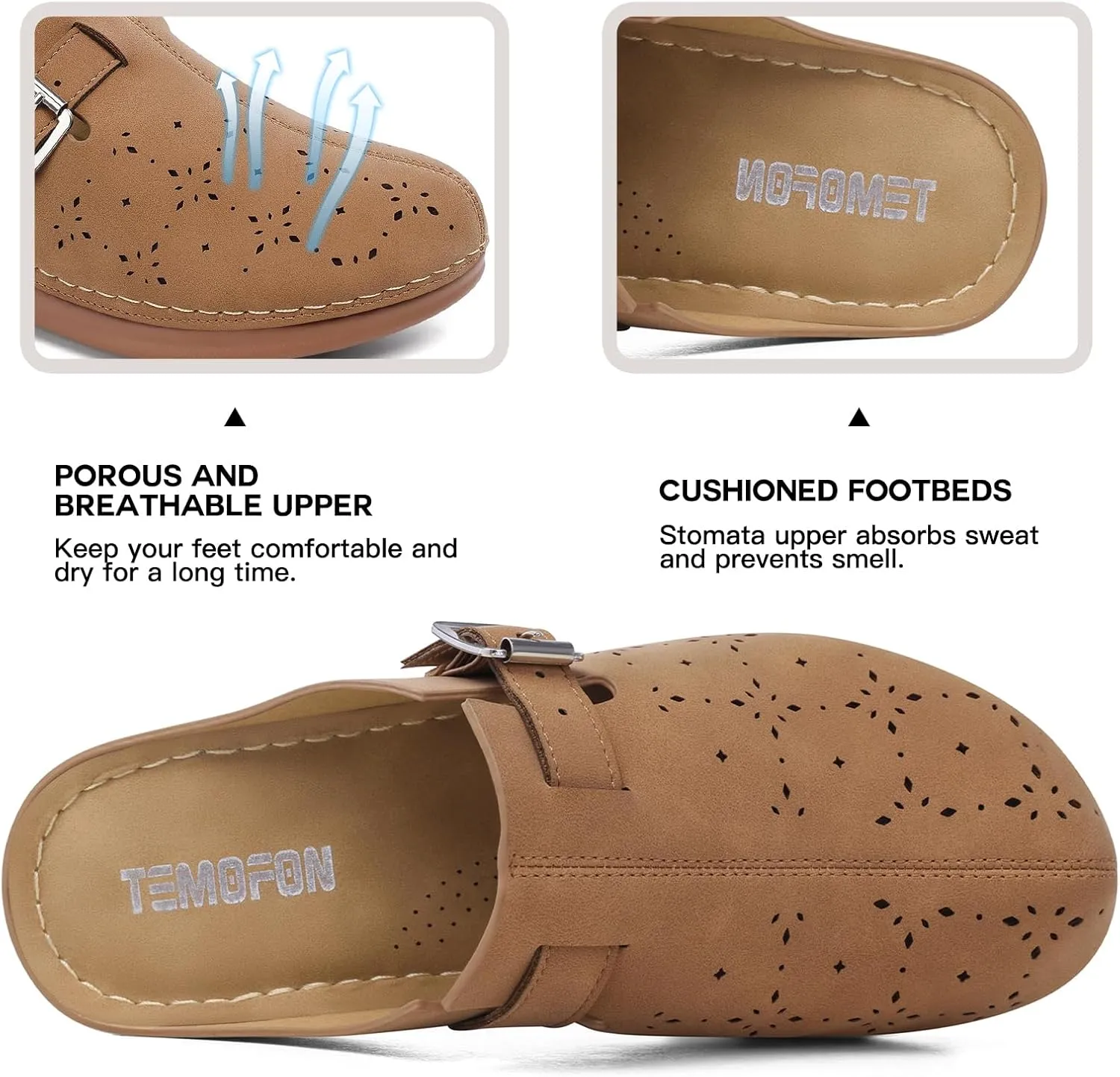 TEMOFON Mules for Women Slip on Sandals: Comfortable Clogs with Arch Support Leather Flats Closed Toe Sandals Shoes