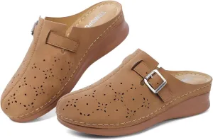 TEMOFON Mules for Women Slip on Sandals: Comfortable Clogs with Arch Support Leather Flats Closed Toe Sandals Shoes