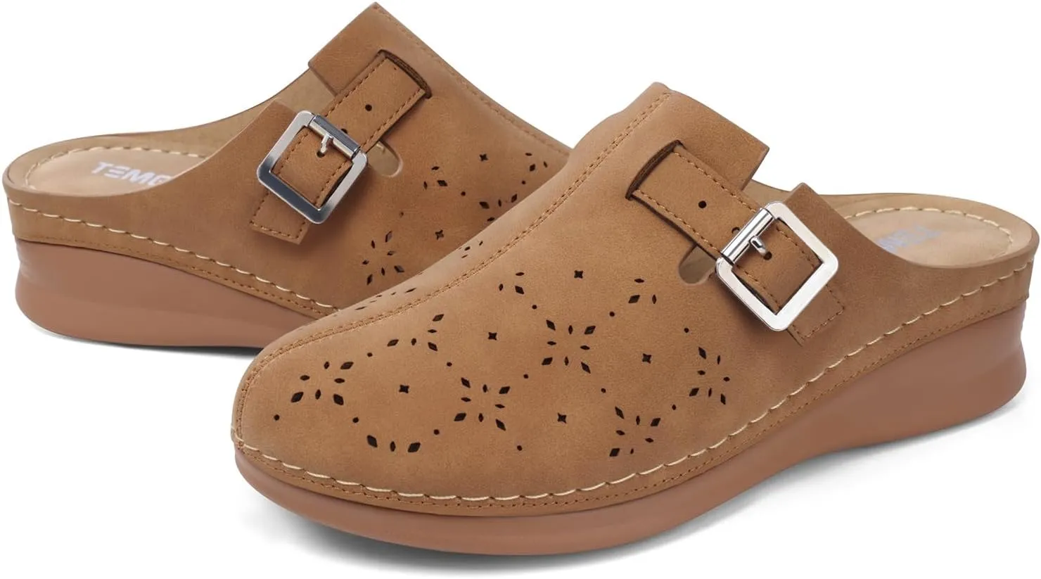 TEMOFON Mules for Women Slip on Sandals: Comfortable Clogs with Arch Support Leather Flats Closed Toe Sandals Shoes