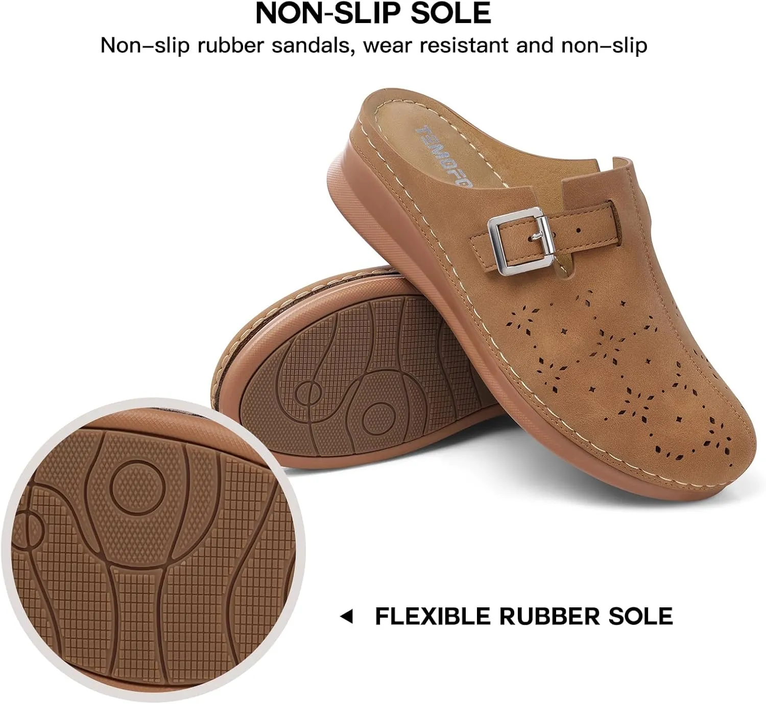TEMOFON Mules for Women Slip on Sandals: Comfortable Clogs with Arch Support Leather Flats Closed Toe Sandals Shoes