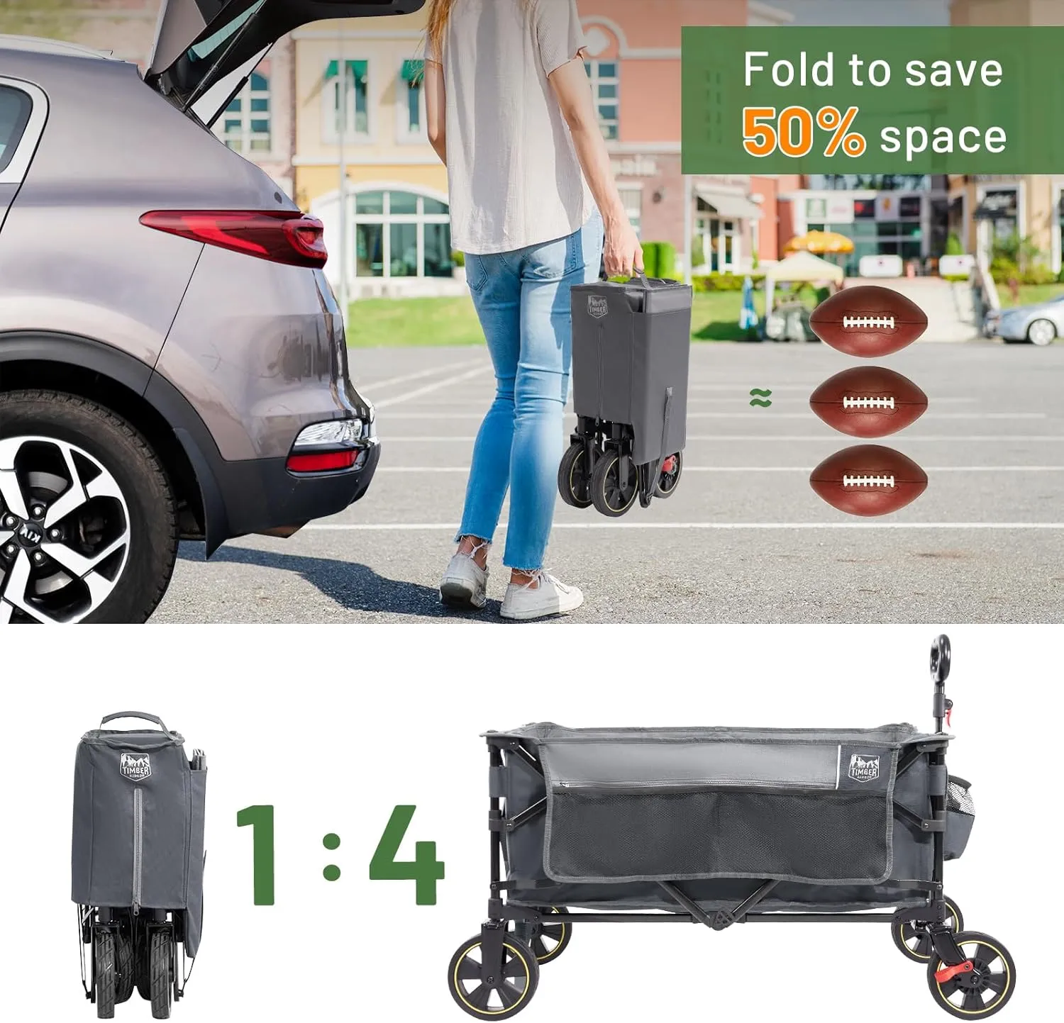 TIMBER RIDGE Collapsible Wagon Cart with Brakes, 200L Large Capacity Compact Portable Easy to Carry Folding Wagon, Utility Grocery Cart for Camping, Gardening, Shopping