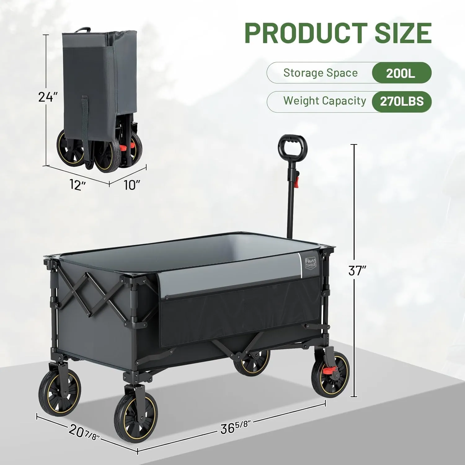 TIMBER RIDGE Collapsible Wagon Cart with Brakes, 200L Large Capacity Compact Portable Easy to Carry Folding Wagon, Utility Grocery Cart for Camping, Gardening, Shopping