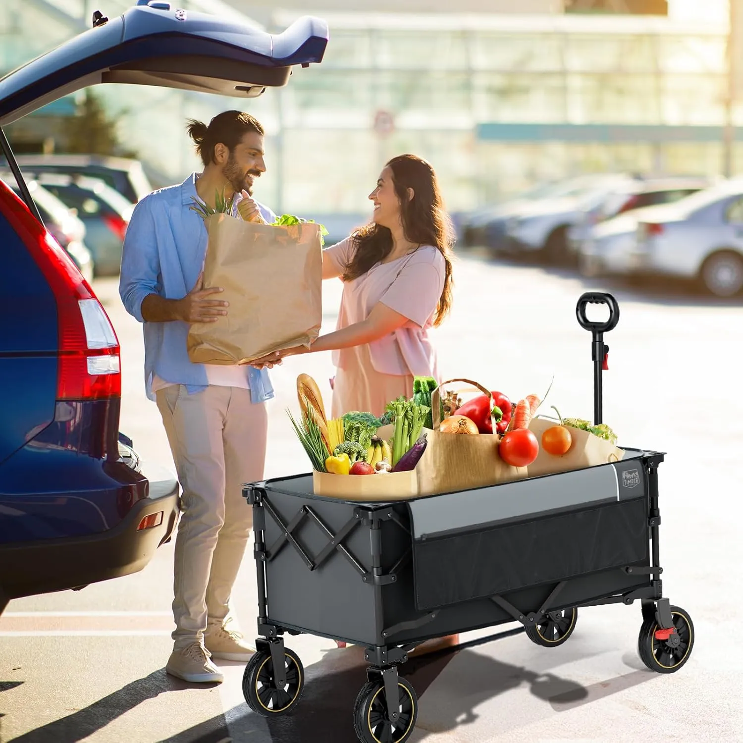 TIMBER RIDGE Collapsible Wagon Cart with Brakes, 200L Large Capacity Compact Portable Easy to Carry Folding Wagon, Utility Grocery Cart for Camping, Gardening, Shopping