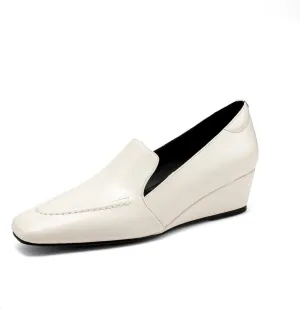 TinaCus Women's Handmade Geniuine Leather Slip On Casual Solid Square Toe Wedge Heel Office Loafer Shoes