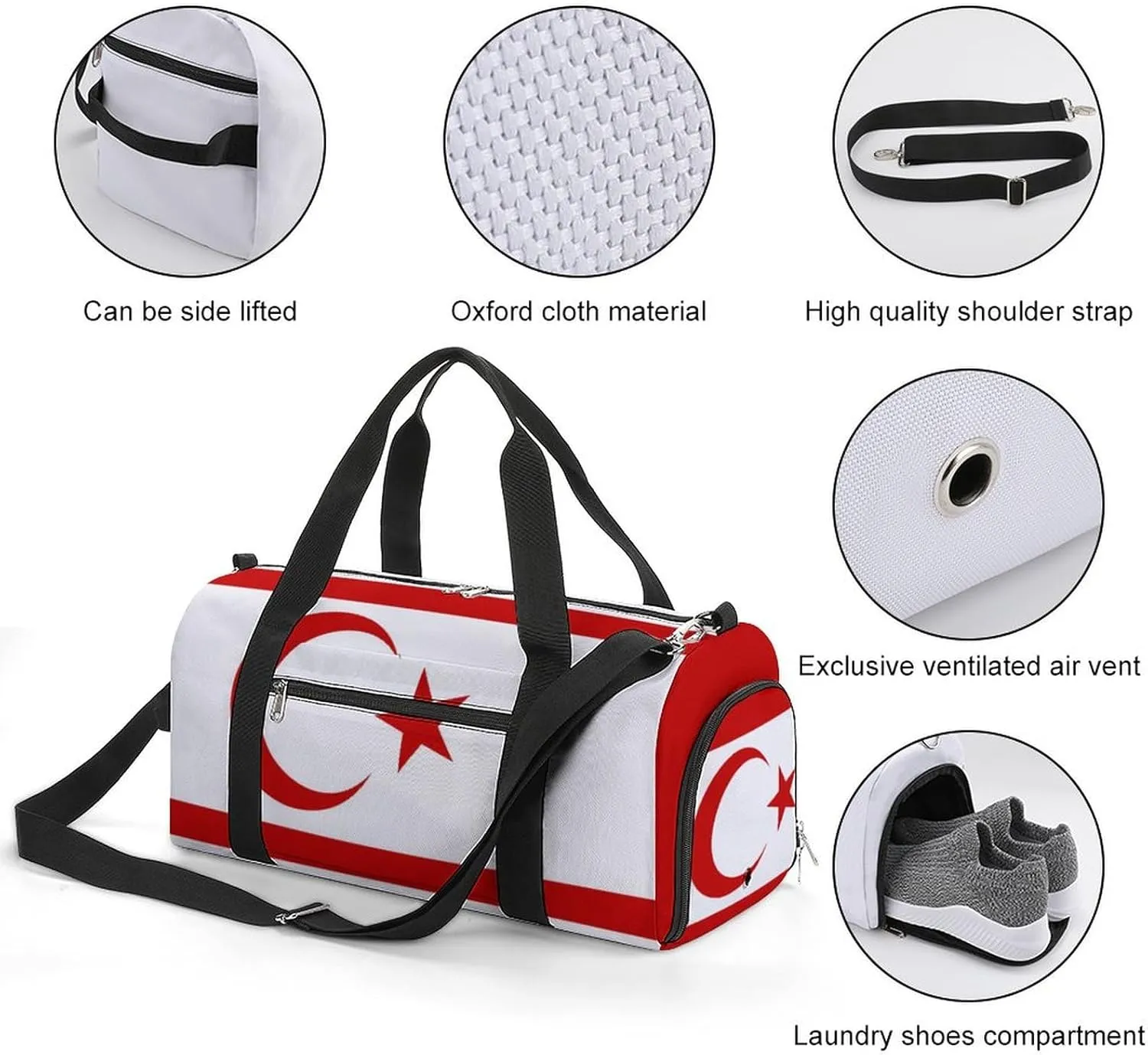 Turkish Republic Northern Cyprus Flag Duffel Bag for Men Women Waterproof with Shoe Compartment