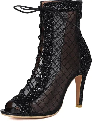 UniqueStride Women's Dance Shoes Lace Up Gilitter Ankle Boots Open Toe Party Evening Mesh Stiletto Heeled Sandals