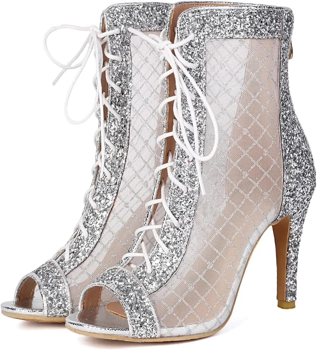 UniqueStride Women's Dance Shoes Lace Up Gilitter Ankle Boots Open Toe Party Evening Mesh Stiletto Heeled Sandals