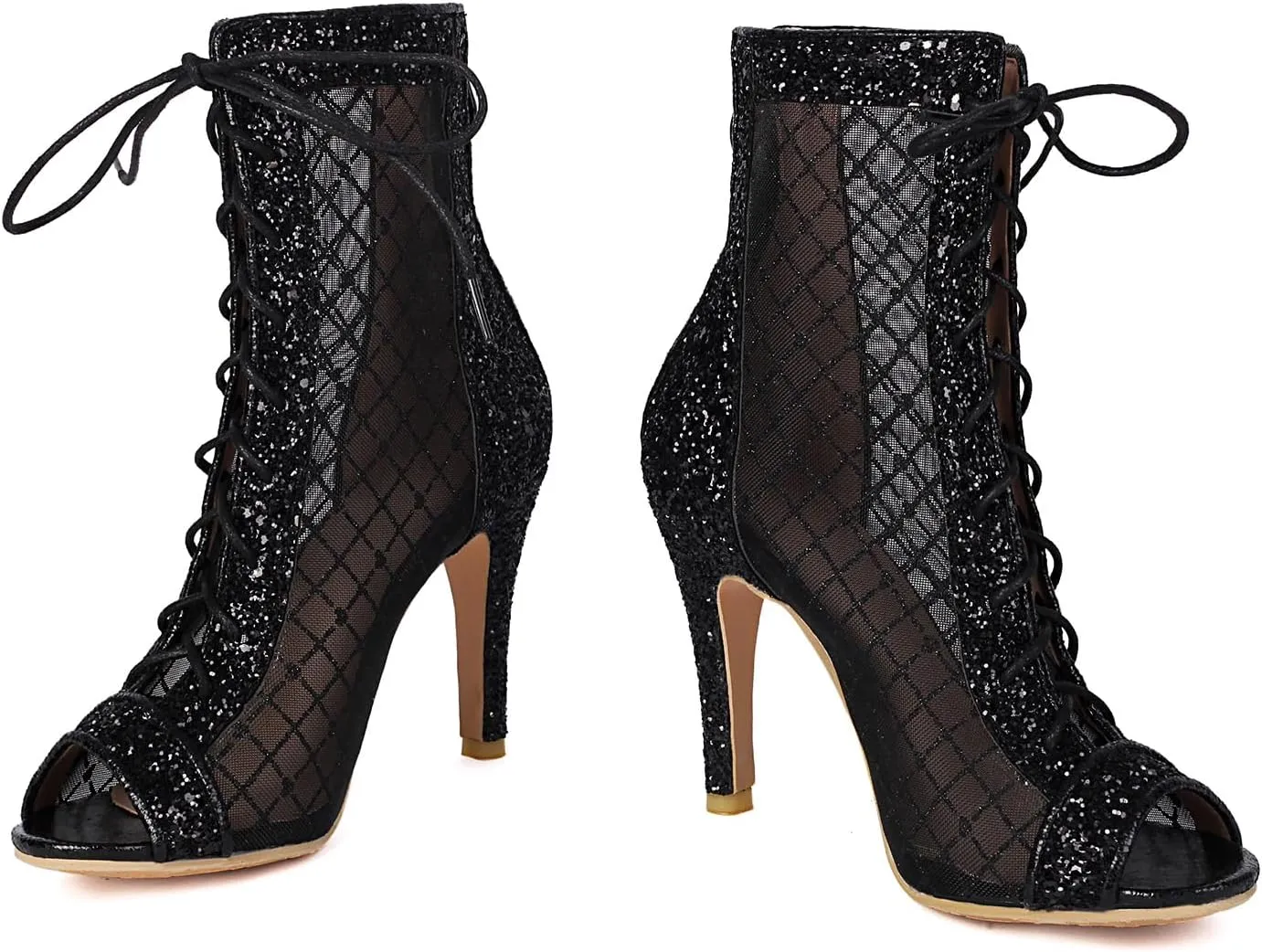 UniqueStride Women's Dance Shoes Lace Up Gilitter Ankle Boots Open Toe Party Evening Mesh Stiletto Heeled Sandals