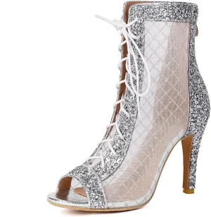 UniqueStride Women's Dance Shoes Lace Up Gilitter Ankle Boots Open Toe Party Evening Mesh Stiletto Heeled Sandals
