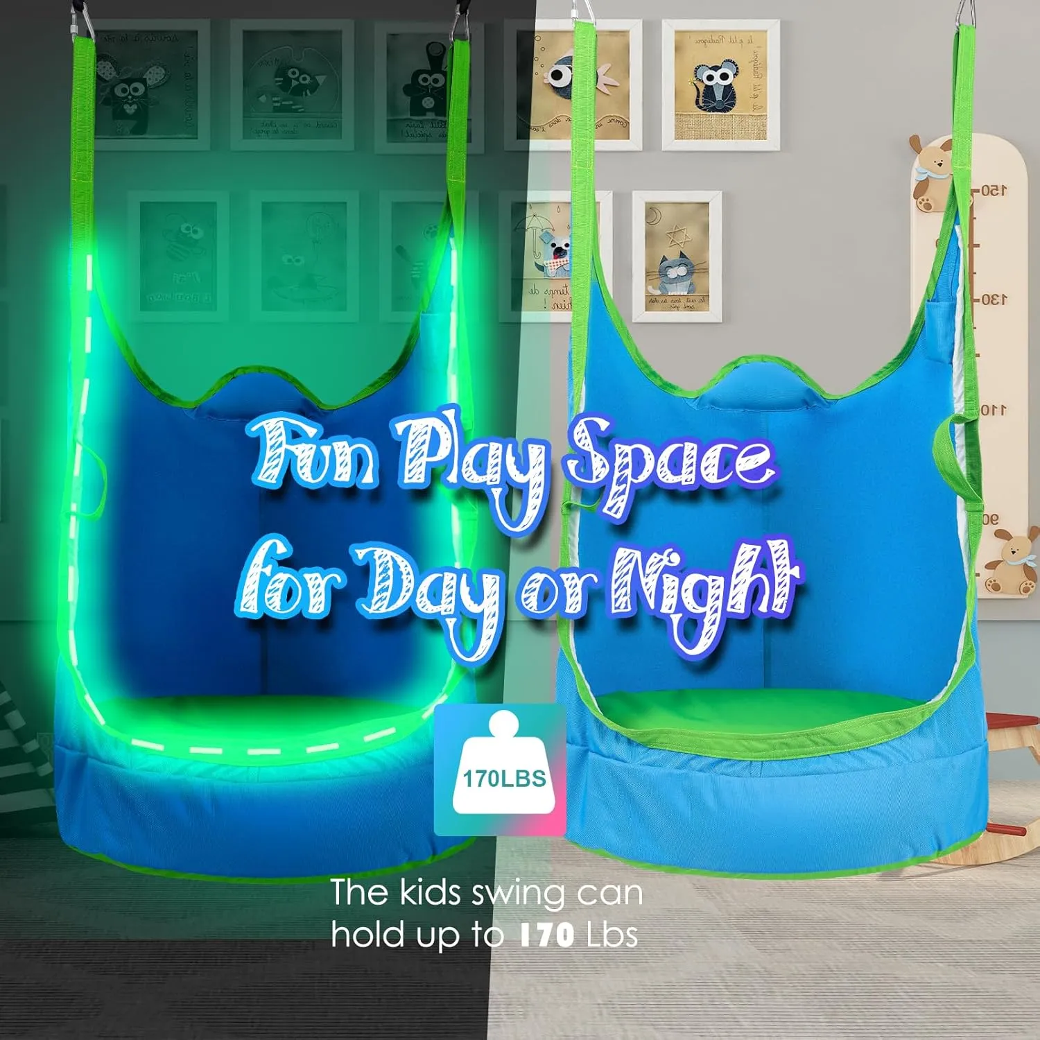 Upgraded Kids Pod Swing Chair,Child Hanging Hammock Chair with Led Lights,900D Oxford Cloth Pod Swing Seat for Indoor and Outdoor with All Accessories (Blue)