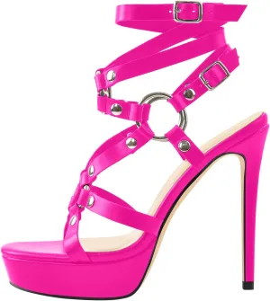 VERISSON Women's Grommets Stiletto Sandals Platform Open-back High Heels Cross Bands Open Toe Buckle-up Ankle Sandals Party Dressing