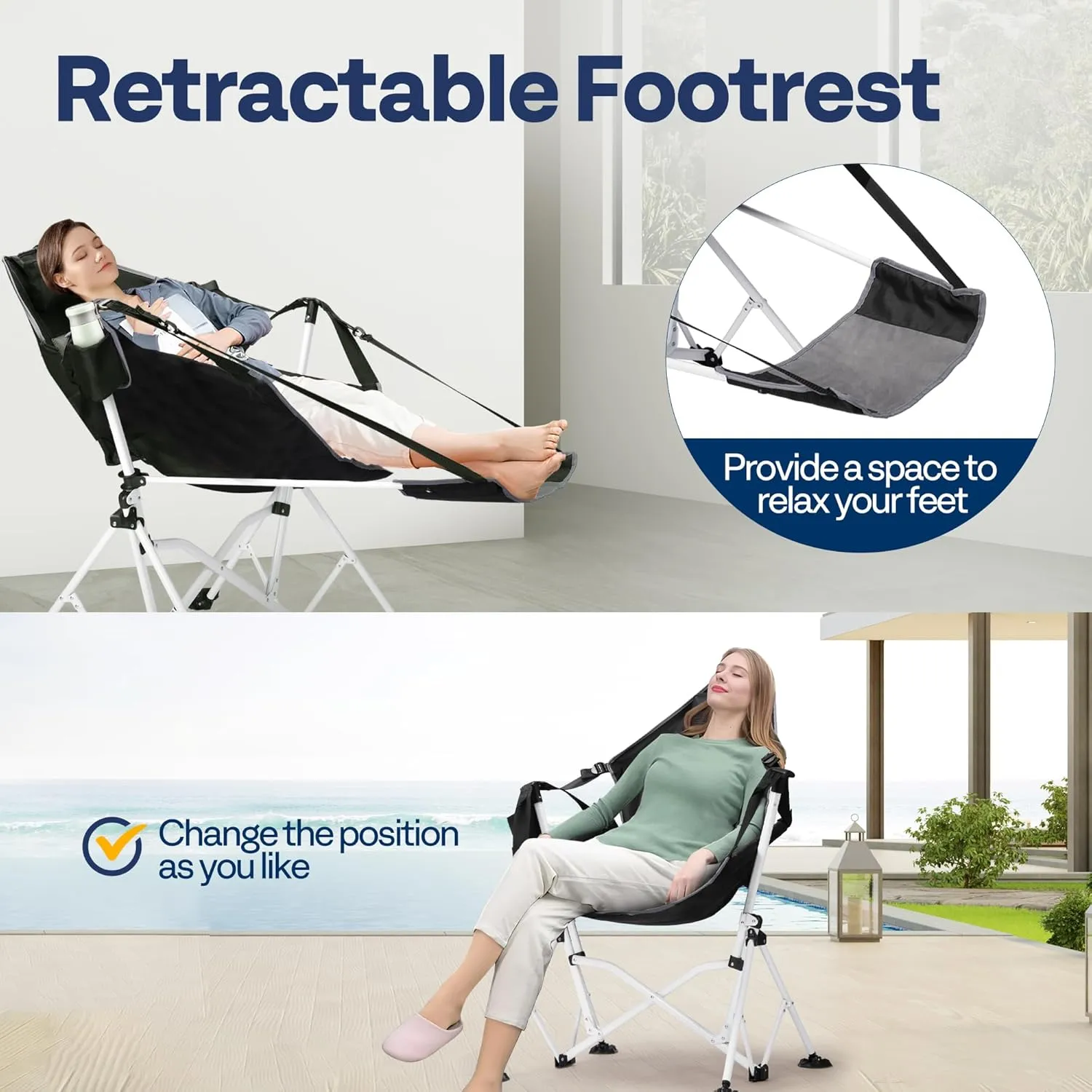 VIVOHOME Hammock Camping Chair with Removable Footrest, Portable Outdoor Swinging Rocking Chairs for Adults with Adjustable Pillow, Back and Height for Travelling,Backyard, Patio, Supports 400 lbs