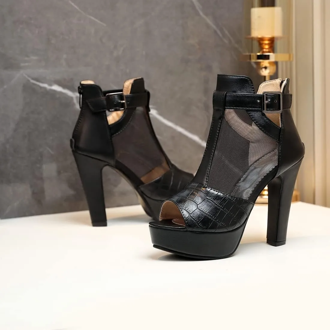 VOKLIN Women's Fashion Peep Toe Chunky Block High Heel Sandals Sexy Mesh Platform Dress Heeled Sandal Booties