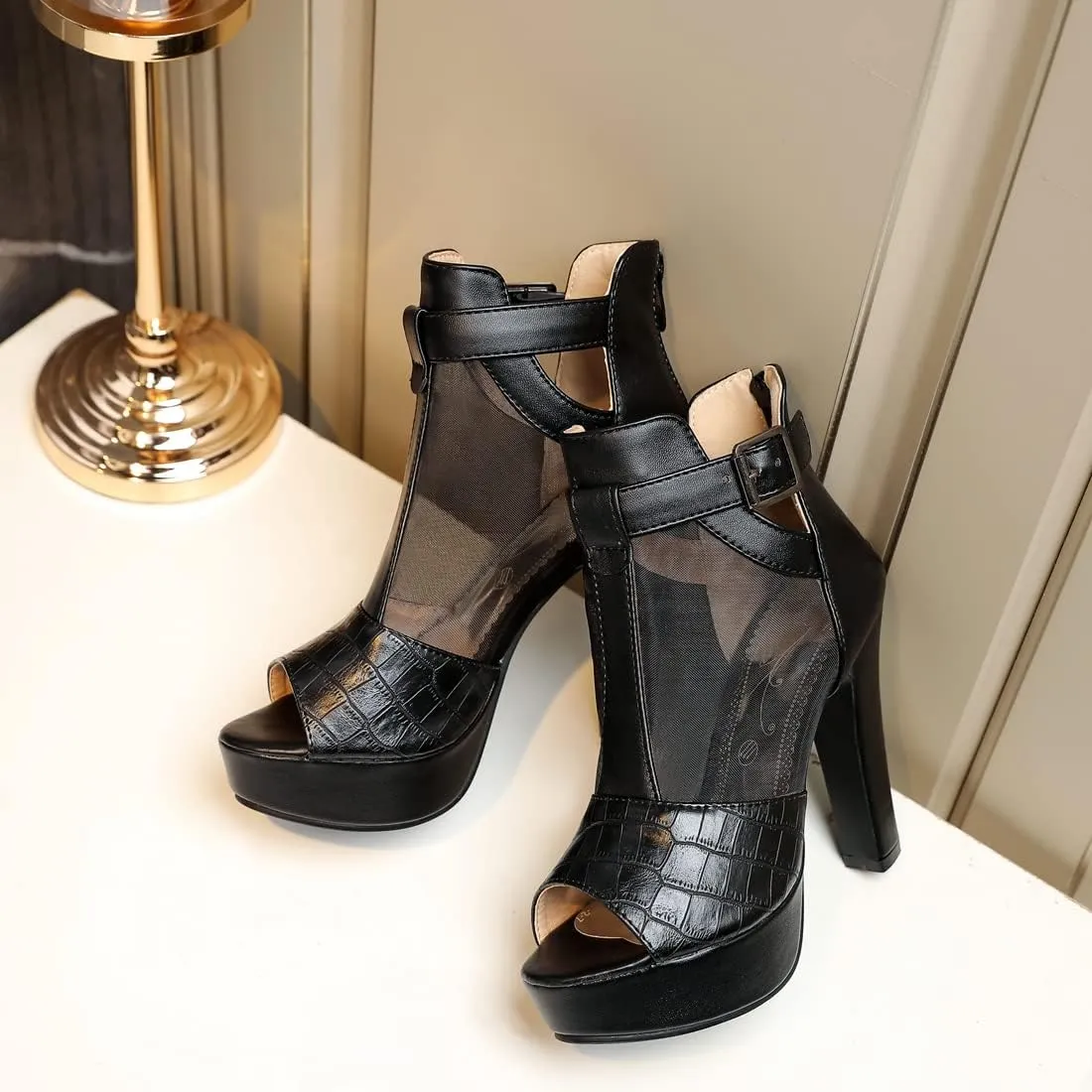 VOKLIN Women's Fashion Peep Toe Chunky Block High Heel Sandals Sexy Mesh Platform Dress Heeled Sandal Booties