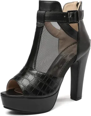 VOKLIN Women's Fashion Peep Toe Chunky Block High Heel Sandals Sexy Mesh Platform Dress Heeled Sandal Booties