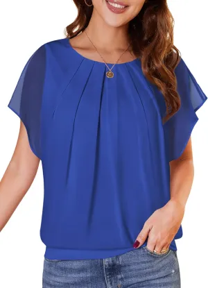 WANGZHI Womens Batwing Sleeve Pleated Round Neck Blouses Dressy Casual Spring Double Layers Mesh Tops for Women 2025