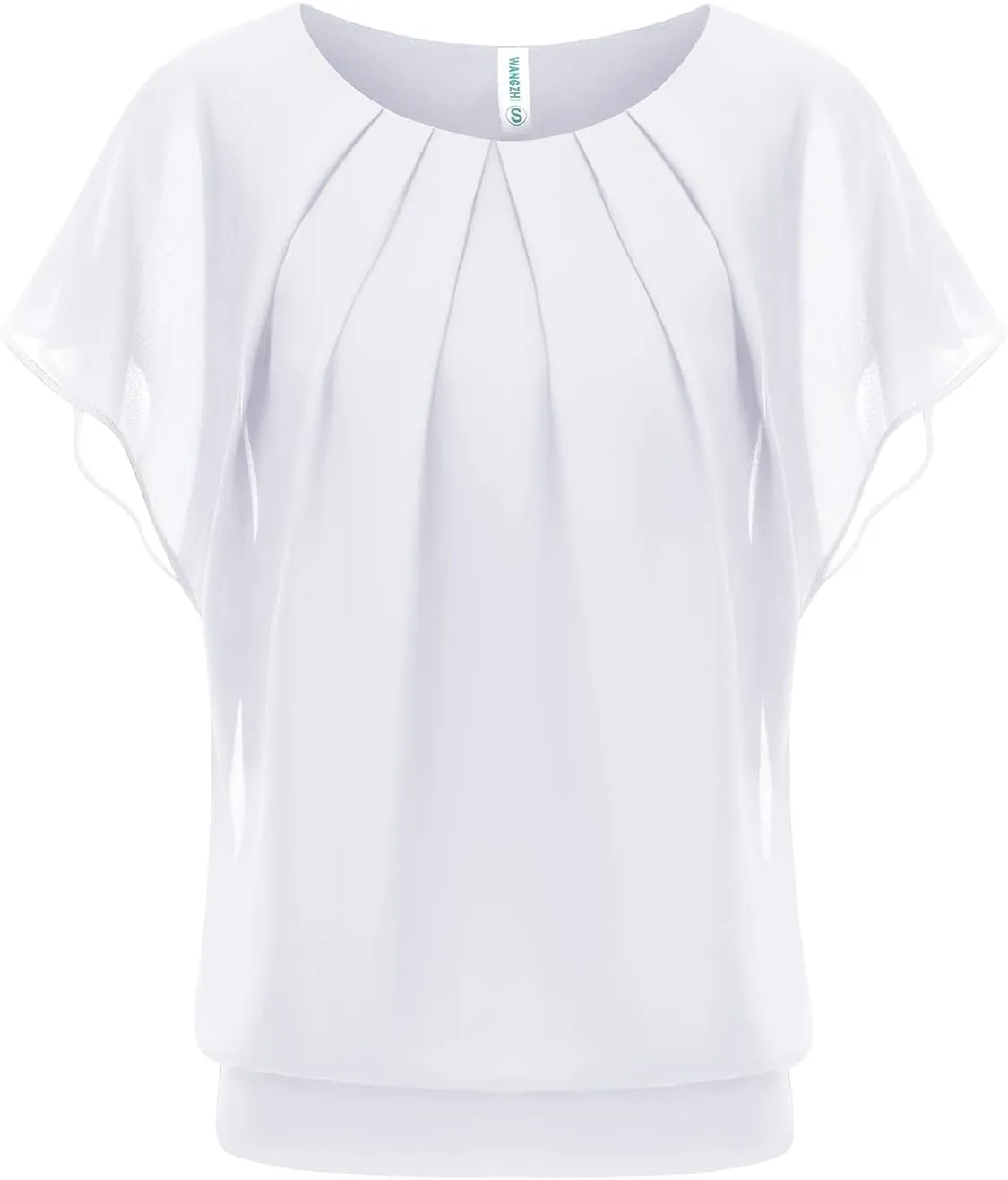 WANGZHI Womens Batwing Sleeve Pleated Round Neck Blouses Dressy Casual Spring Double Layers Mesh Tops for Women 2025