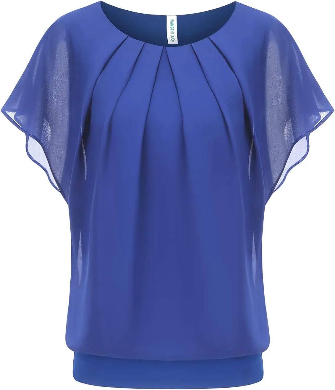 WANGZHI Womens Batwing Sleeve Pleated Round Neck Blouses Dressy Casual Spring Double Layers Mesh Tops for Women 2025
