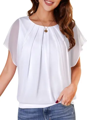 WANGZHI Womens Batwing Sleeve Pleated Round Neck Blouses Dressy Casual Spring Double Layers Mesh Tops for Women 2025