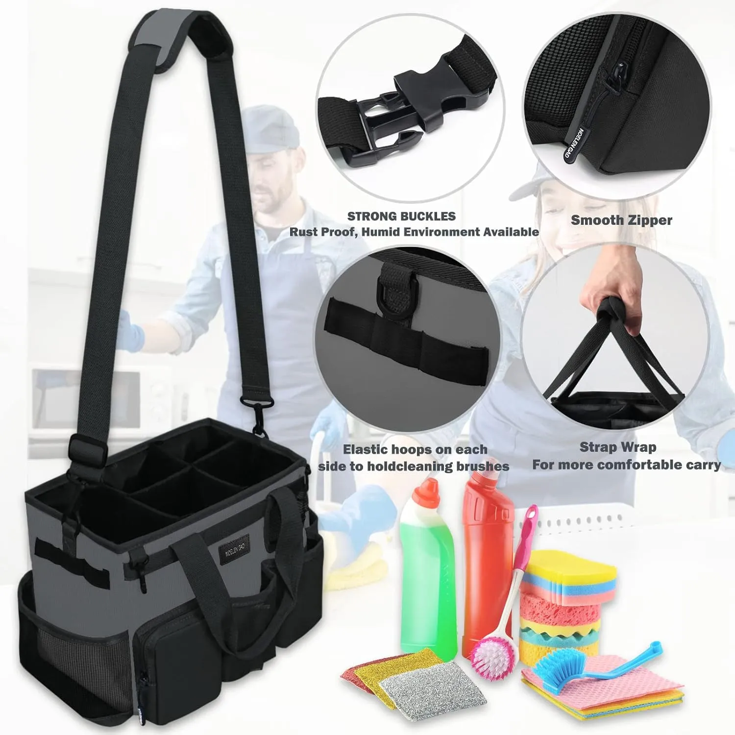 Wearable Cleaning Caddy Bag, Large Cleaning Supply Tote with Adjustable Shoulder and Waist Straps for Housekeepers (Grey)