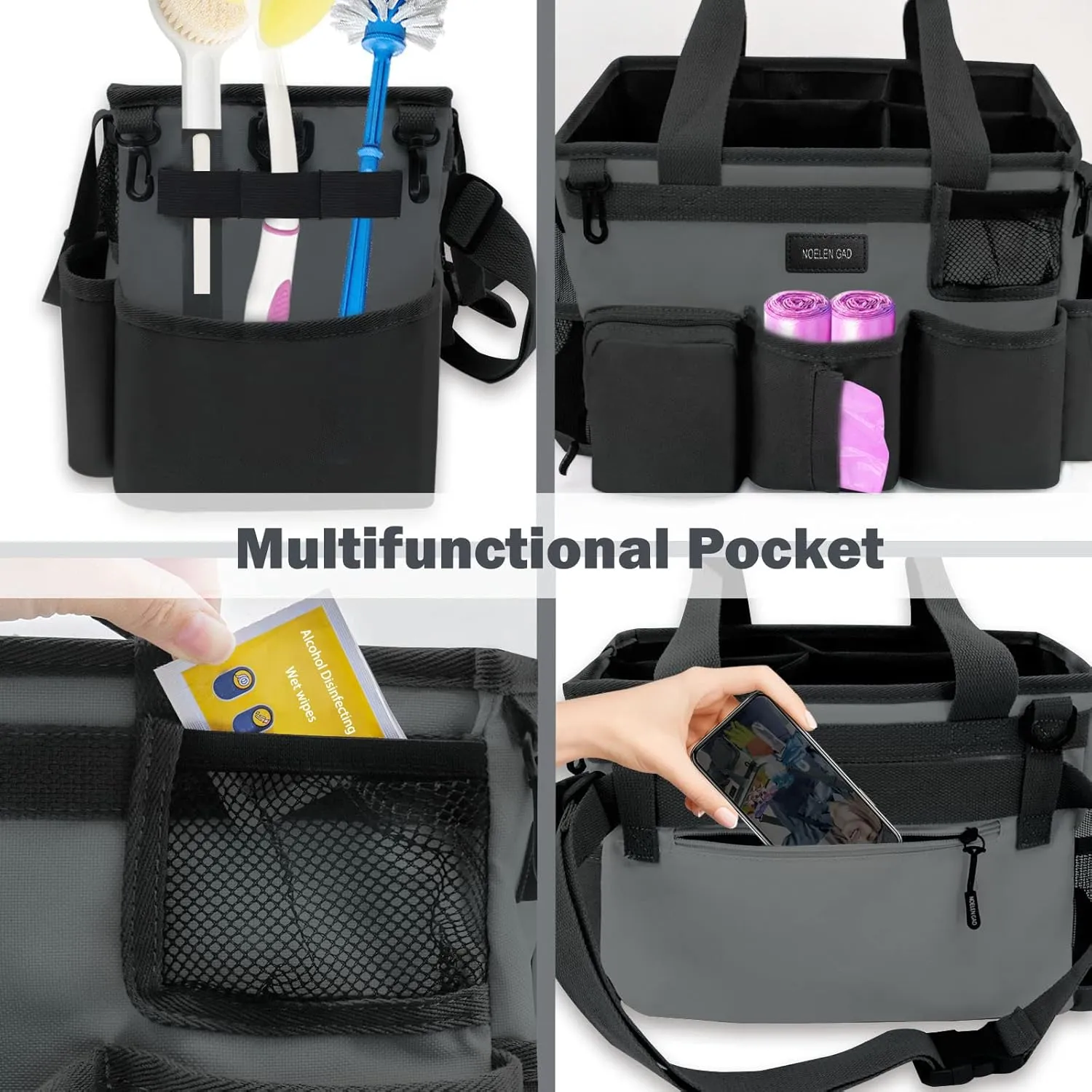 Wearable Cleaning Caddy Bag, Large Cleaning Supply Tote with Adjustable Shoulder and Waist Straps for Housekeepers (Grey)