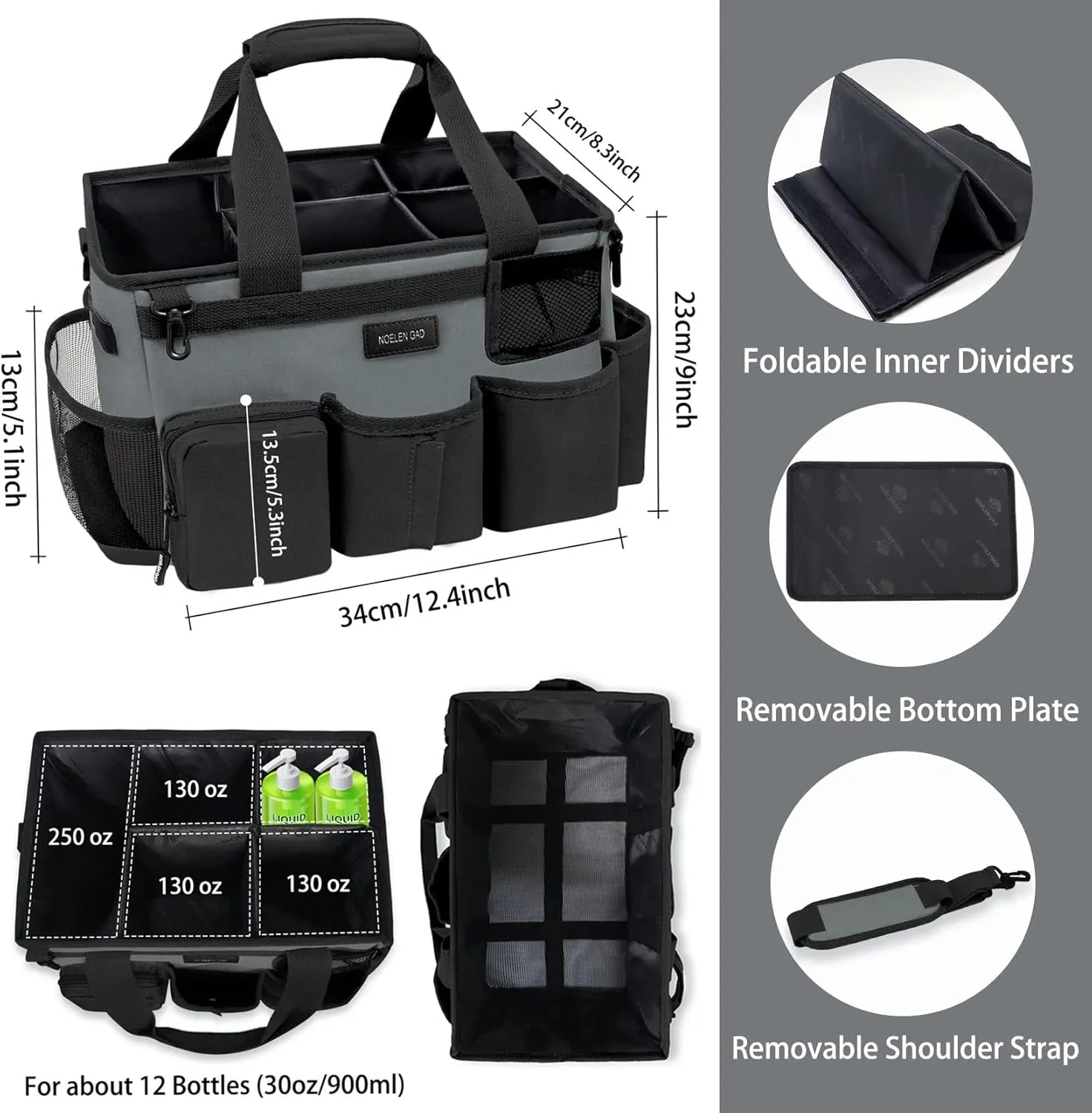 Wearable Cleaning Caddy Bag, Large Cleaning Supply Tote with Adjustable Shoulder and Waist Straps for Housekeepers (Grey)