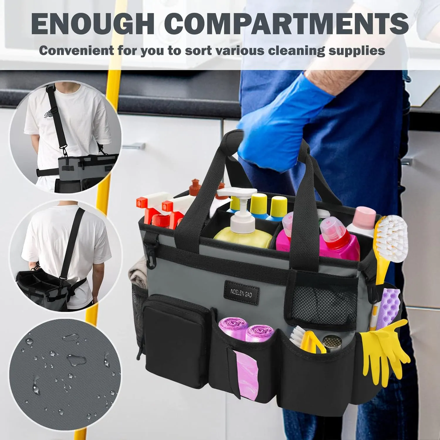 Wearable Cleaning Caddy Bag, Large Cleaning Supply Tote with Adjustable Shoulder and Waist Straps for Housekeepers (Grey)