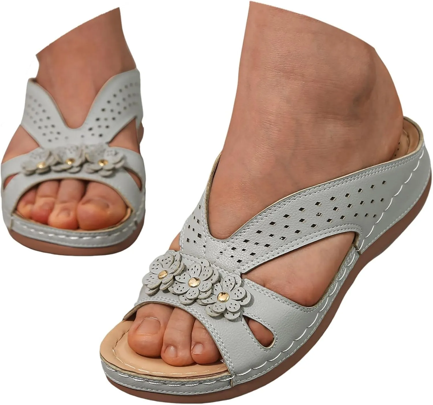 Wedge Sandals for Women Summer Dressy 2025 Wedges Shoes Flower Design Slip On Comfortable Non Slip Slides Sandal Lightweight Breathable Memory Foam Platform Shoe