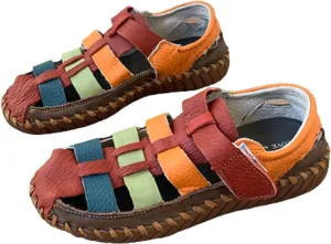 WENOREG Women's Closed Toe Leather Flat Fisherman Sandals,Summer Fashion Hollow Hand-Stitching Adjustable Soft Flat Slip on Loafer,Non-Slip with Arch Support Mom Comfort Walking Shoes