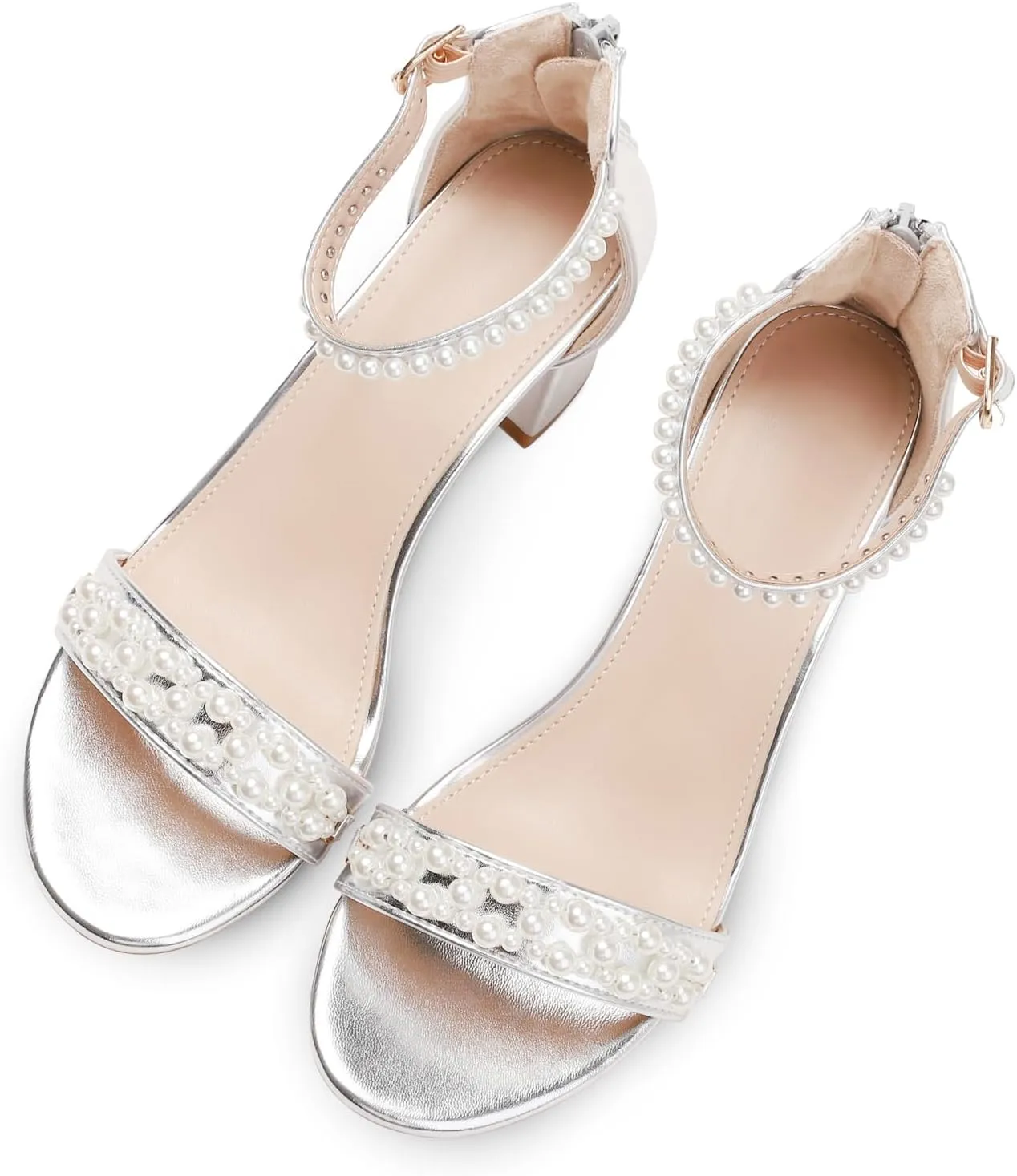 WOJWSKI Women's Heels Sandals for Women Open Toe Fashion Pearls Platform Heeled Sandals Ankle Strap Block Chunky Low Heel Pump Sandal Party Wedding Dress Shoe