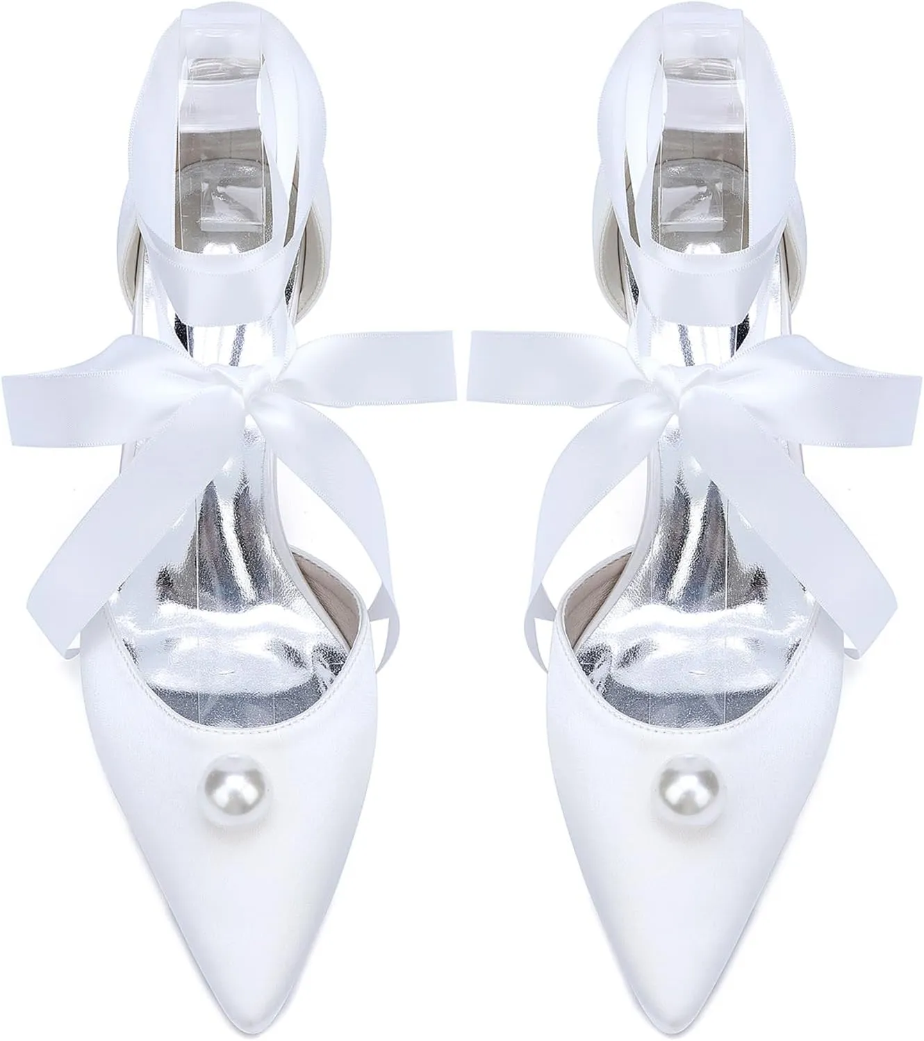 Women Bride Pumps Satin Closed Toe Stiletto Heel Wedding High Heels Pointed Toe Dress Shoes Women Bride Shoes Ribbon Tie Sandals Comfortable