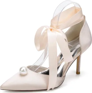Women Bride Pumps Satin Closed Toe Stiletto Heel Wedding High Heels Pointed Toe Dress Shoes Women Bride Shoes Ribbon Tie Sandals Comfortable