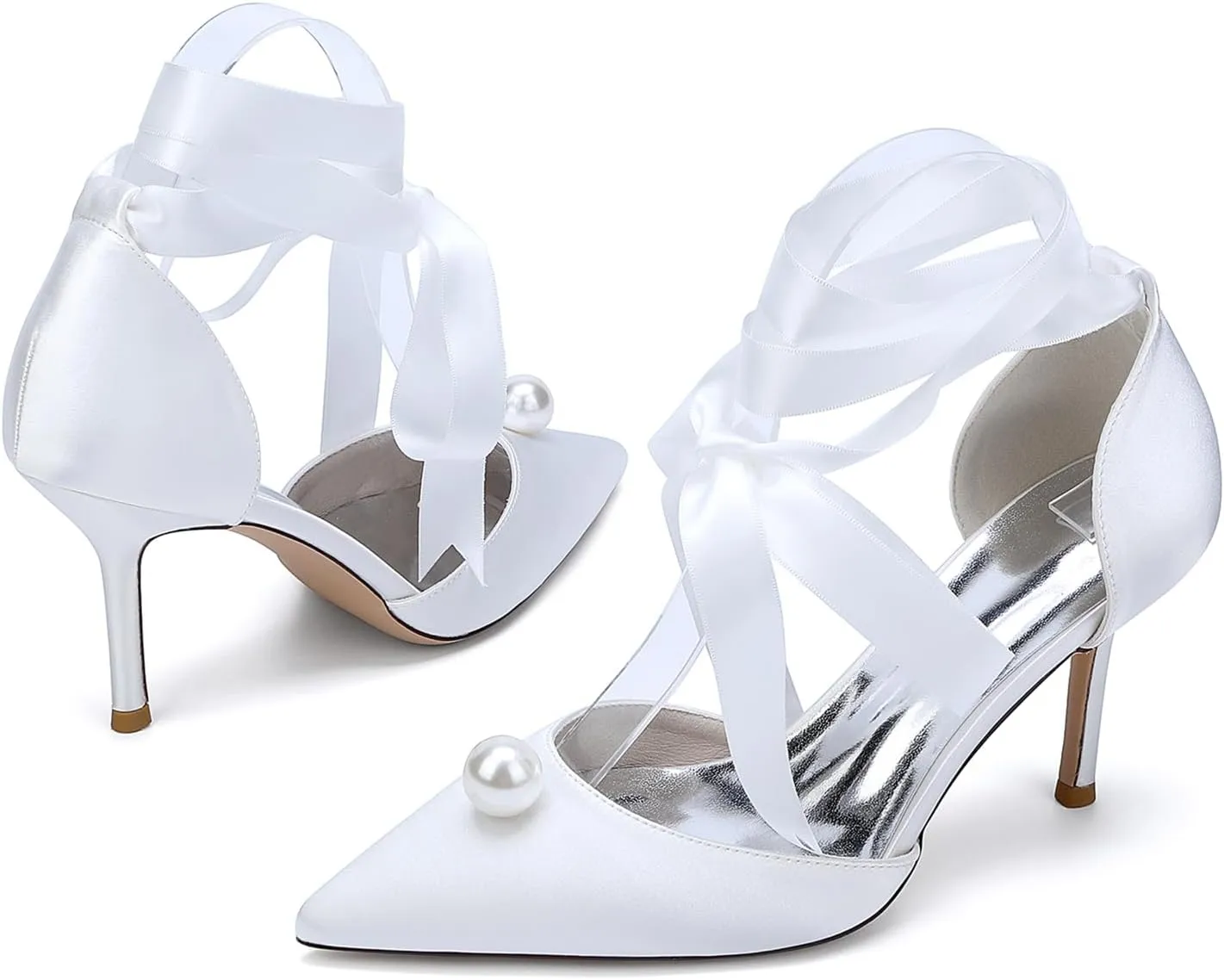 Women Bride Pumps Satin Closed Toe Stiletto Heel Wedding High Heels Pointed Toe Dress Shoes Women Bride Shoes Ribbon Tie Sandals Comfortable