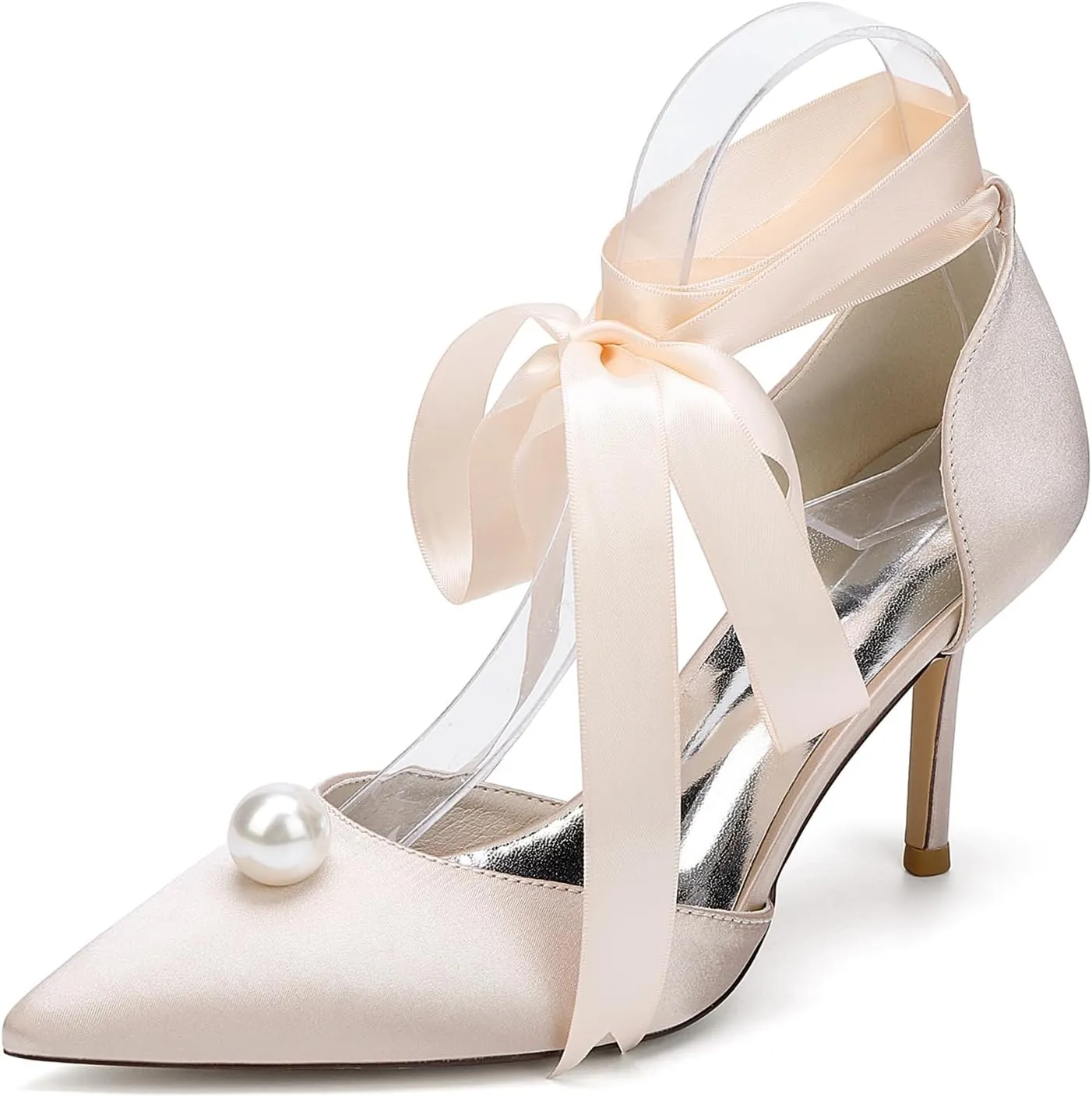 Women Bride Pumps Satin Closed Toe Stiletto Heel Wedding High Heels Pointed Toe Dress Shoes Women Bride Shoes Ribbon Tie Sandals Comfortable
