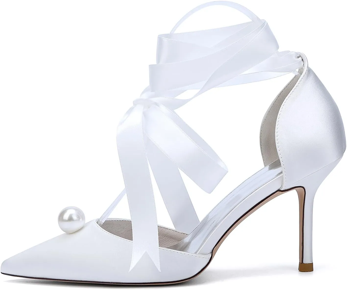 Women Bride Pumps Satin Closed Toe Stiletto Heel Wedding High Heels Pointed Toe Dress Shoes Women Bride Shoes Ribbon Tie Sandals Comfortable