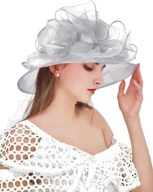Women Derby Fascinator Hat Organza Church Wedding Tea Party Hats Wide Brim Sun Hat
