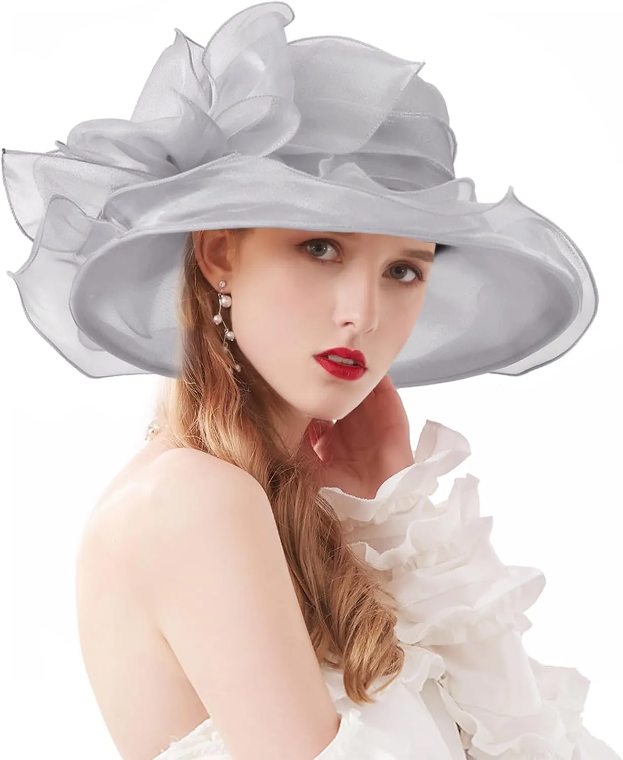Women Derby Fascinator Hat Organza Church Wedding Tea Party Hats Wide Brim Sun Hat